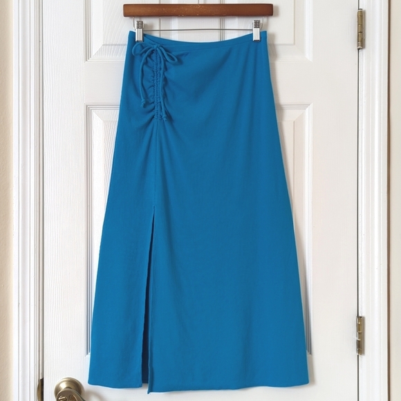 Aerie Beachwalk Ribbed Knit High Waisted Ruched Side Slit Midi Skirt Blue Small - Picture 1 of 11